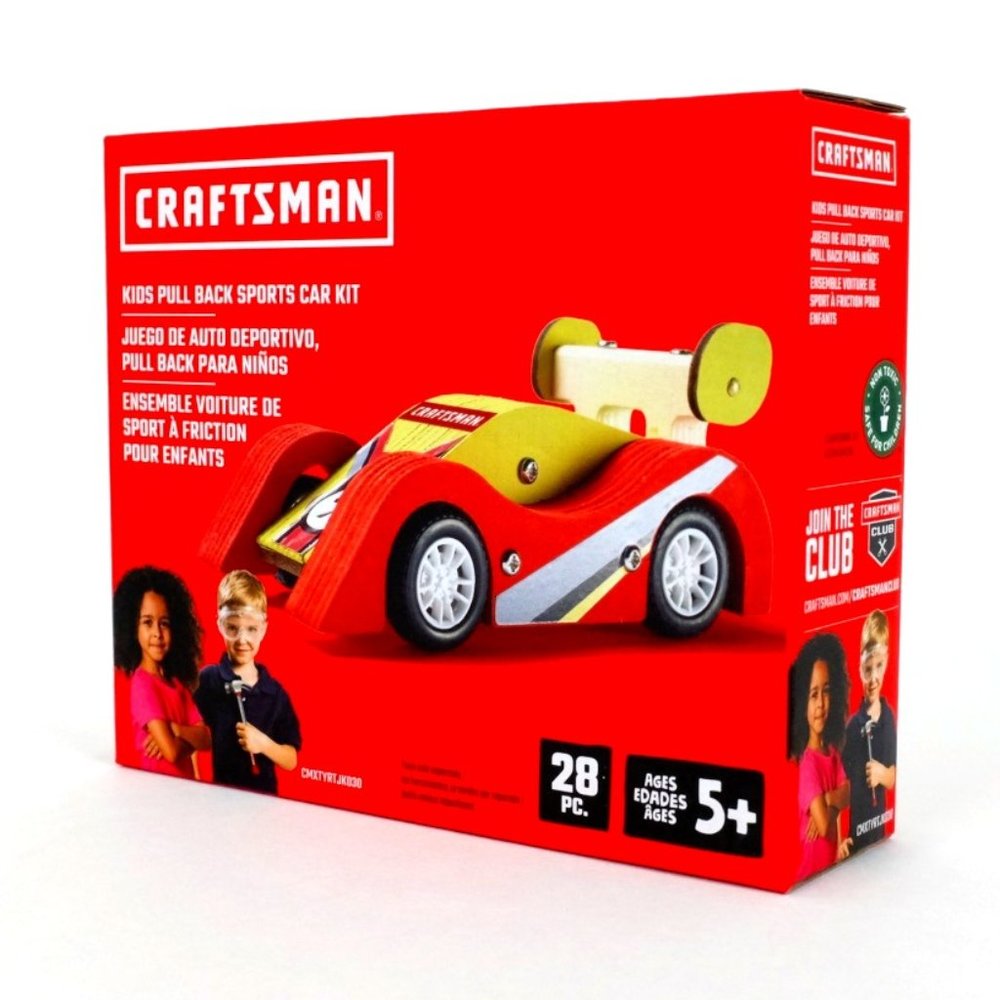 NEW Craftsman Kids Pull Back Wooden Sports Car Kit Toy 28 Piece Ready-to-Build